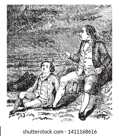 A man flying kite and another man sitting near him, vintage line drawing or engraving illustration