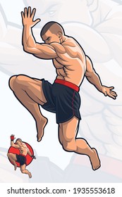 Hombre en patada de rodilla voladora, boxeo en patas