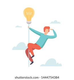 Man Flying Light Bulb Searching for Creative Ideas, Brainstorming, Innovation, Creative Thinking Vector Illustration
