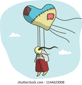 A man is flying on a balloon in the shape of a heart.  Vector illustration.