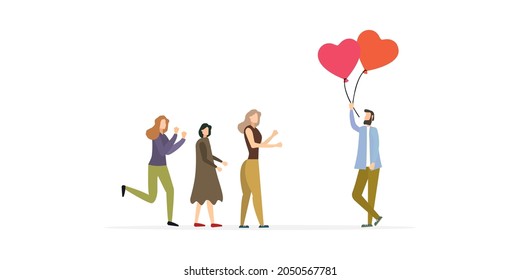 man flying on balloons, love for others, vector illustration
