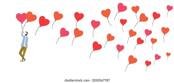 man flying on balloons, love for others, vector illustration