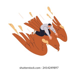 Man flying on birds back. Tiny person riding eagle. Flight in fantasy, fiction, imagination, fairy dream. Happy character showing aim, direction. Flat vector illustration isolated on white background