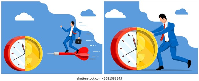 Homem voando no dardo para atingir tempo e dinheiro conceito. Empresário empurrando grande relógio e moeda. Eficiência empresarial para o sucesso.