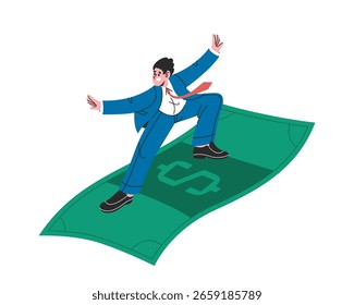 Man flying on dollar banknote as magic carpet. Vector financial stability, smart money illustration. Keeping finance afloat cartoon sign. Carefree retirement and business goal, entrepreneur progress.