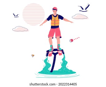 Man flying on flyboard, flat vector illustration. Flyboarding, extreme water sports and recreation. Summer beach activities, sport and recreation. Flyboard water jetpack.