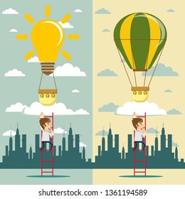 Man flying on idea balloons. Business boost concept, startup.