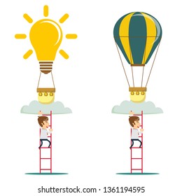 Man flying on idea balloons. Business boost concept, startup.