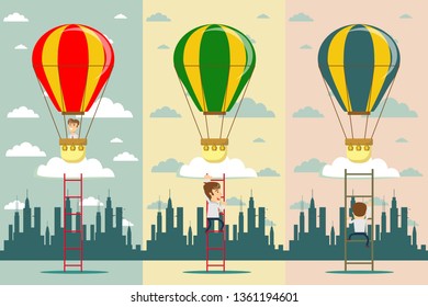 Man flying on idea balloons. Business boost concept, startup.
