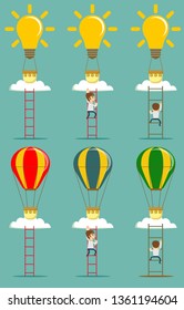Man flying on idea balloons. Business boost concept, startup.