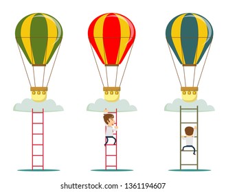 Man flying on idea balloons. Business boost concept, startup.