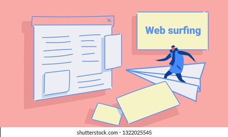 man flying on paper plane to website page browser web surfing concept casual guy in winter clothes browsing on airplane sketch doodle horizontal