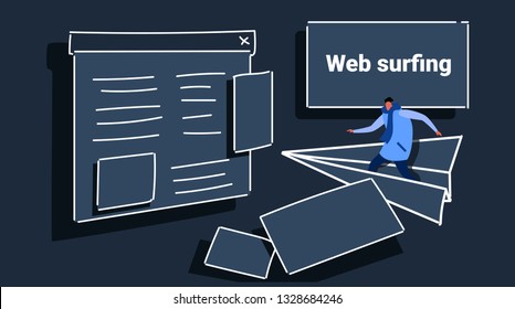 man flying on paper plane to website page browser web surfing concept casual guy in winter clothes browsing on paper airplane sketch doodle horizontal