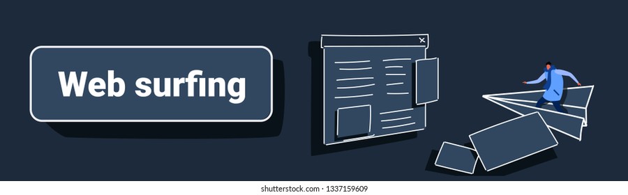 man flying on paper plane to website page browser web surfing concept casual guy in winter clothes browsing on paper airplane sketch doodle horizontal banner