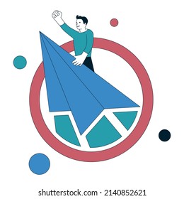 A man is flying up on a paper plane. The pilot of the paper plane has raised his fist up and is flying through the red circle.