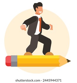 A man flying on a pencil. Copywriting concept. Vector graphics