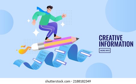 man flying on a pencil. Creativity from information on the web. Generating ideas or leap of imagination concept. education or knowledge help career development. Back to school vector illustration.