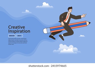 man flying on a pencil. Creativity from information on the web.  Generating ideas or leap of imagination concept. Generating ideas or leap of imagination. Back to school vector illustration.