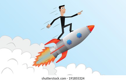 Man flying on a rocket.