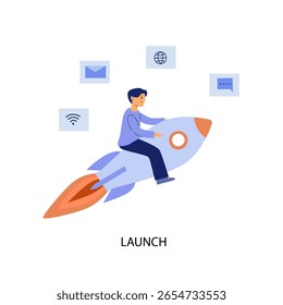 Mann fliegen auf einer Rakete, um das Symbol der Online-Werbung, Internet, Nachrichten. Konzept der Gründung und Förderung eines Unternehmens