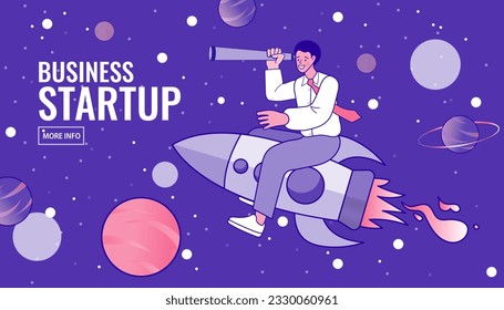 A man flying on a rocket and looks through binoculars. businessman riding on a rocket. business concept of moving forward for success. business and leadership concept. ideas, creativity, inspiration.