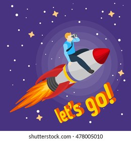 A man flying on a rocket and looks through binoculars. Trendy flat design, businessman riding on a rocket, business concept of moving forward for success