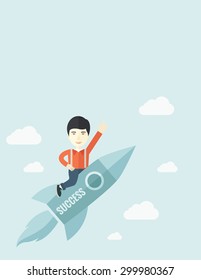 Un hombre volando sobre el cohete levantando la mano en el aire mientras se levanta. Concepto de éxito. Un estilo contemporáneo con paleta pastel, un fondo suave de tonos azules con nubes desaturadas. Vector plano