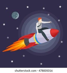 A man flying on a rocket and shows forward. Trendy flat design, businessman riding on a rocket, business concept of moving forward for success