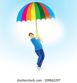 The man is flying on the umbrella