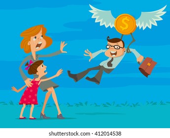 man flying on the wings of financial success away from family