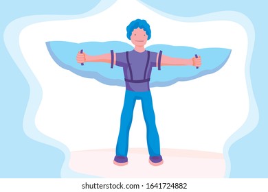 Man flying on wings of the sky to success. Promotion concept. Advertising manager, flat cartoon style. Vector illustration for business and romantic design.