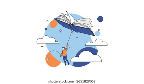 Man flying with open book umbrella through clouds inspiring knowledge discovery