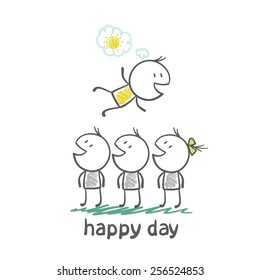 man flying over a crowd of people and enjoys happy day illustration