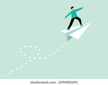 Man flying in a paper plane going to achieve success