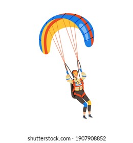 Descentricidad del parapente volador de hombre mediante la ilustración del vector paracaidista