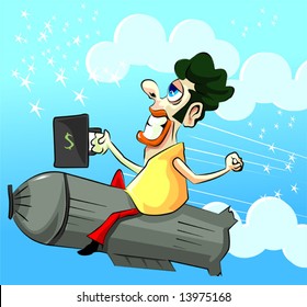  man flying in a rocket 	