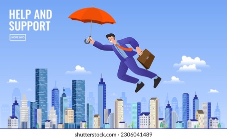 Man flying in the sky above the city with red umbrella. professional consultation, help and support. Development in career. assistance in overcoming problems and obstacles. Concept business vector.