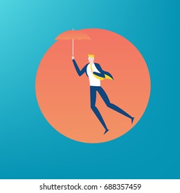 Man flying in the sky with red umbrella in his hand.
