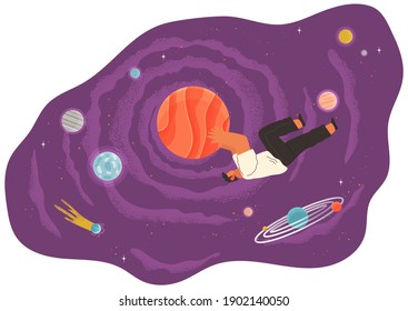 A man flying in space vector flat illustration with planets and stars cartoon cosmic scene. Male character holding planet with dream universe. Person flies in lilac sky space. Abstract style people