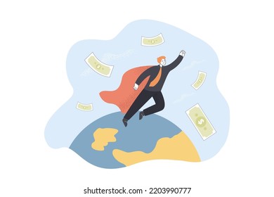 Hombre volando en una ilustración vectorial plana de la bata de superhéroe. Billetes en el aire. Riqueza, finanzas, banca, ahorro, concepto de fuerza para banner, diseño de sitio web o página web de aterrizaje