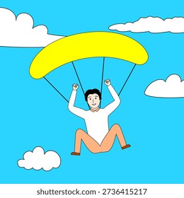 El hombre está volando por el aire con un paracaídas amarillo. El cielo es azul y nublado. El hombre está sonriendo y está disfrutando de la experiencia