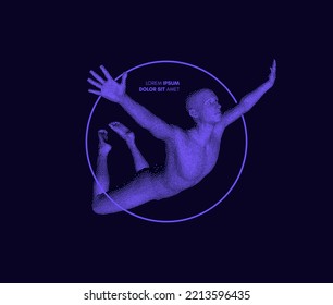 Man is flying towards success. Athlete hanging in the air. Jumping sportsman in zero gravity. Design for sport. 3D vector illustration composed of particles.