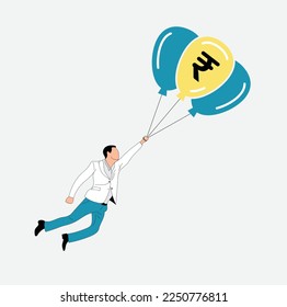 Man flying towards the success with the help of money balloon. Man flying in the air with a rupee balloon.