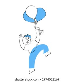 Man flying with Toy balloon. Party and celebration. Enjoying life. The concept of childhood, joy and happiness. Funny linear male character.