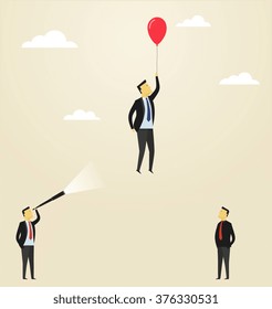 Man flying upside in a balloon. Concept of business success. Lea