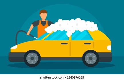 Man foam car wash concept background. Flat illustration of man foam car wash vector concept background for web design