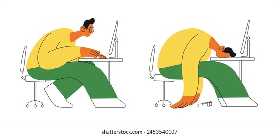 A man focused at computer, then exhaustedly lying face down on desk. Depicts work stress and fatigue. Vector stock illustration. Concept of burnout, overwork, overwork. Exaggerated proportions.