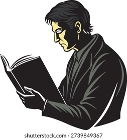 A man with a focused expression engrossed in reading a book, conveying a sense of intellectual curiosity and love for literature.
