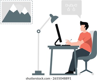 O homem está focado em seu trabalho, digitando diligentemente em seu laptop. Sua concentração é evidente à medida que ele navega através de tarefas.