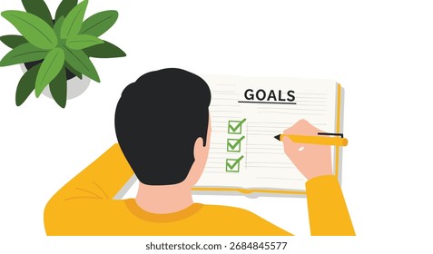 A man is focused on writing his goals on a checklist notebook, symbolizing planning and achievement.